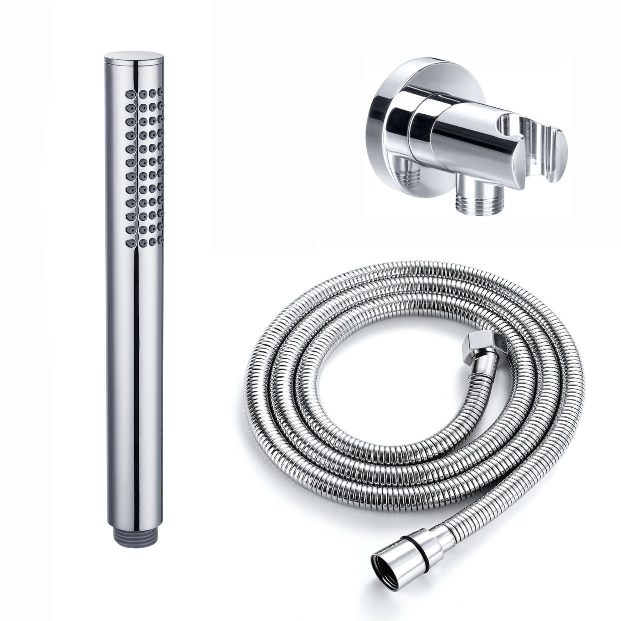Premium Round Pencil Hand Shower With Silicone Jets Kit Incl. Hose And Wall Bracket With Outlet - Chrome - Showers